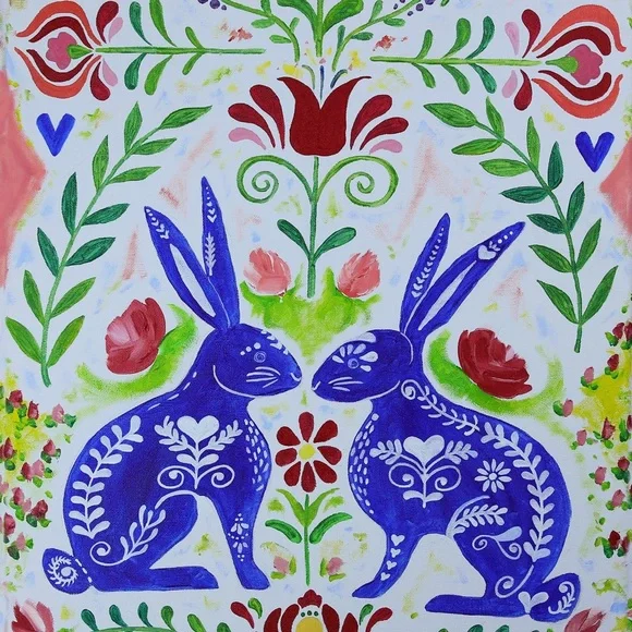 Scandinavian Rabbits Giclée Folk Art Print of Oil Painting Whimsical Rosemaling - Picture 6 of 9